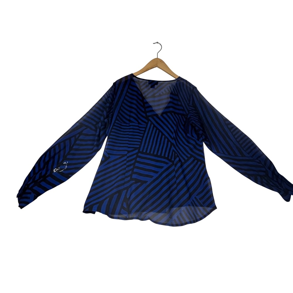 Blue and Black Geometric Chevron V-Neck Long Sleeve Sheer Blouse Top
